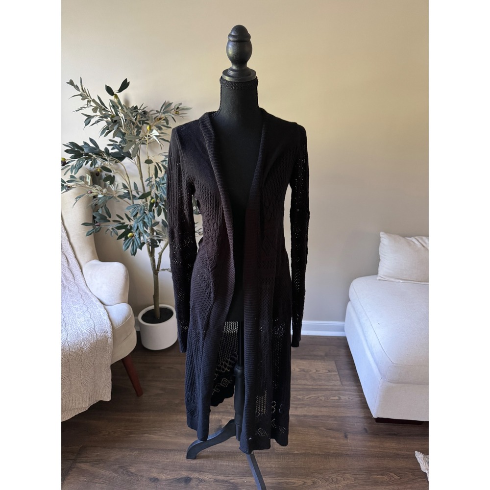 Belldini Womens Black Pointelle Open Knit Duster Cardigan Sweater Small Longline